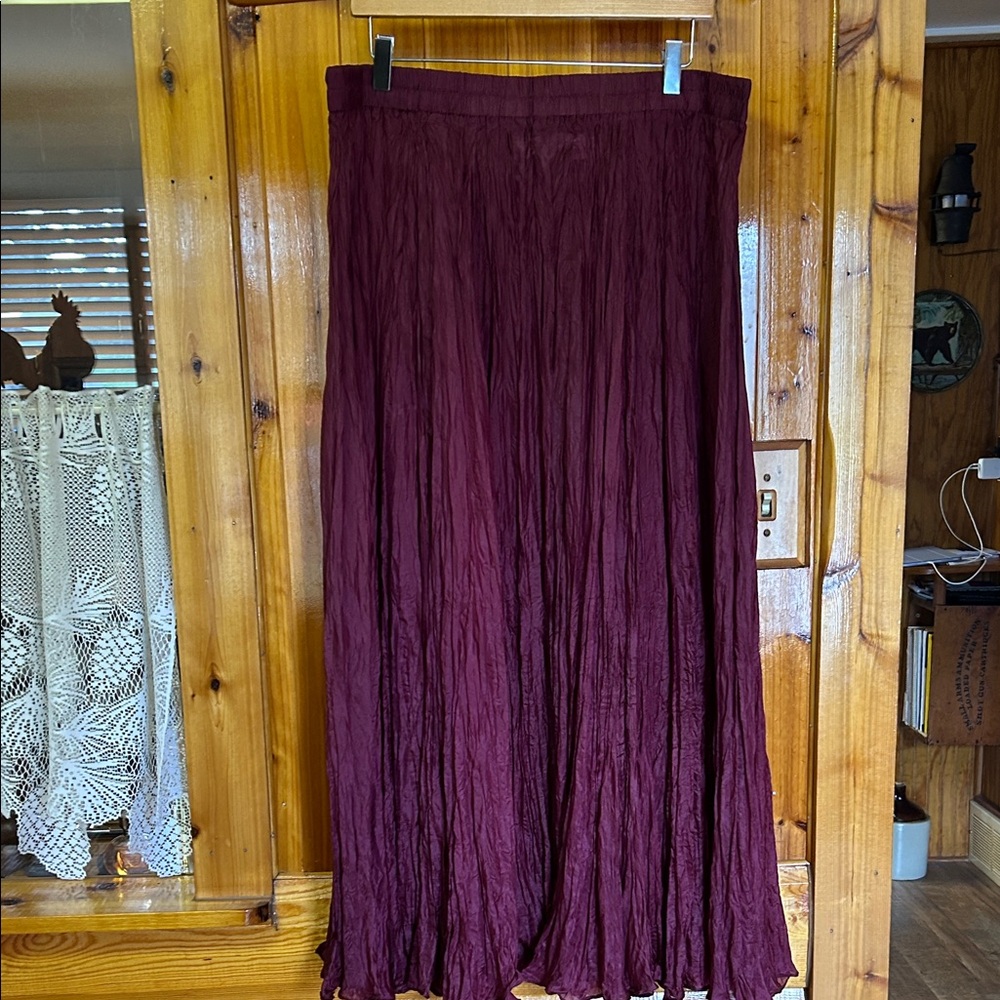 Women's Long Crinkle 100% Silk Skirt in Deep Burgundy
